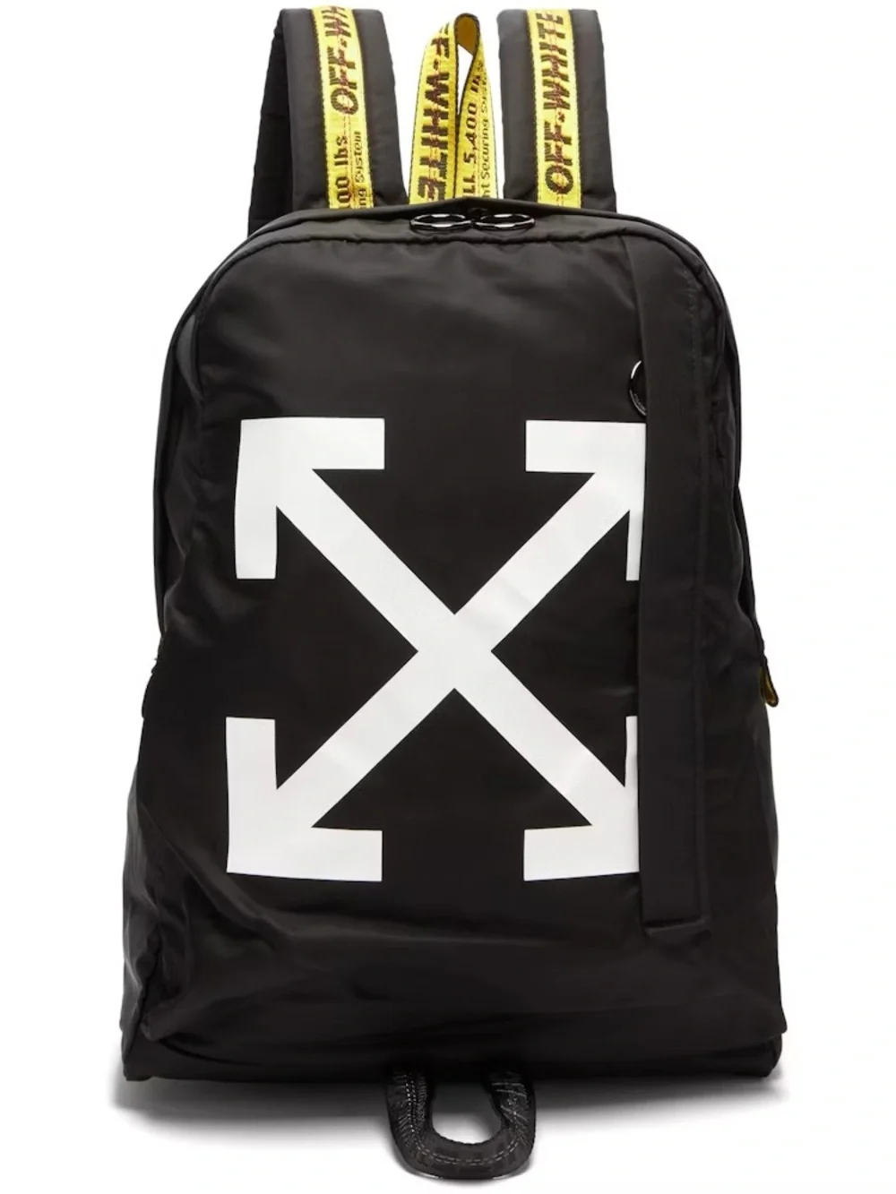 Off-White Black Backpack with White Arrow Graphic and Yellow Straps